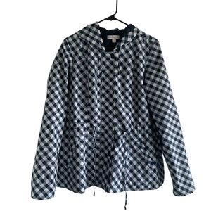 Kim Rogers Petite Blue White Gingham Hooded Cinched Waist Rain Jacket Size PL